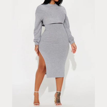 Elegant Slim-Fit Set - Crop Top & Body-Hugging Dress